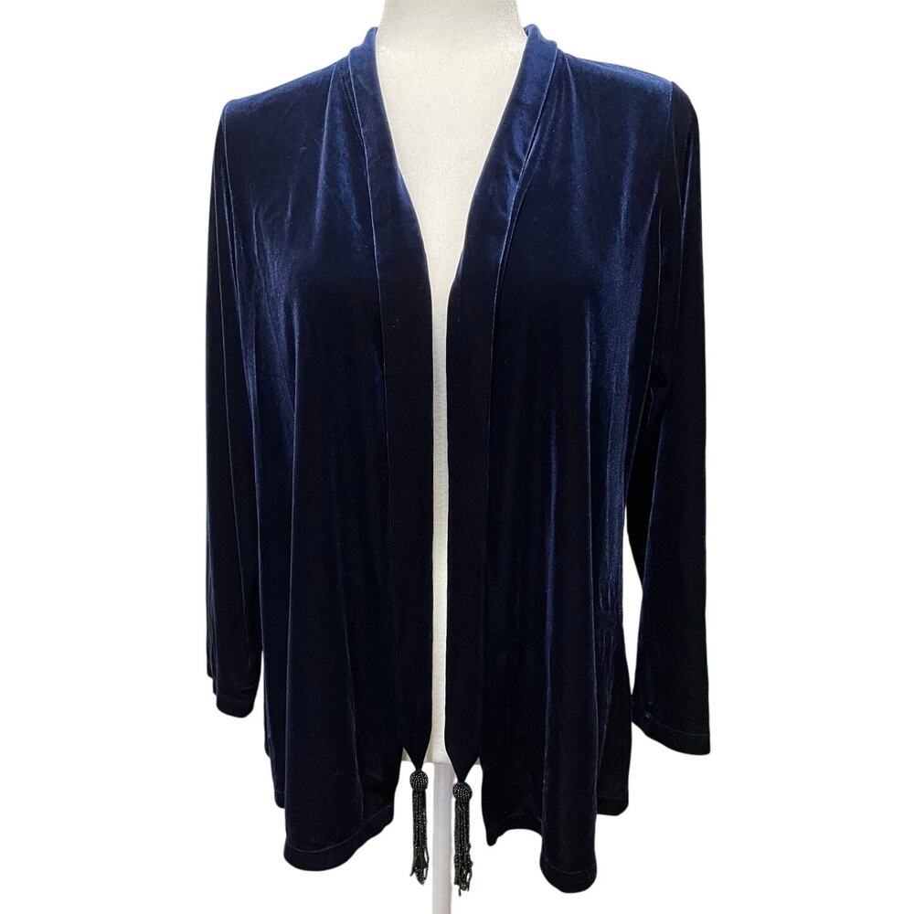 Susan Graver Blue Velvet Cardigan Jacket Sz M Open Front Beaded Tassel Party